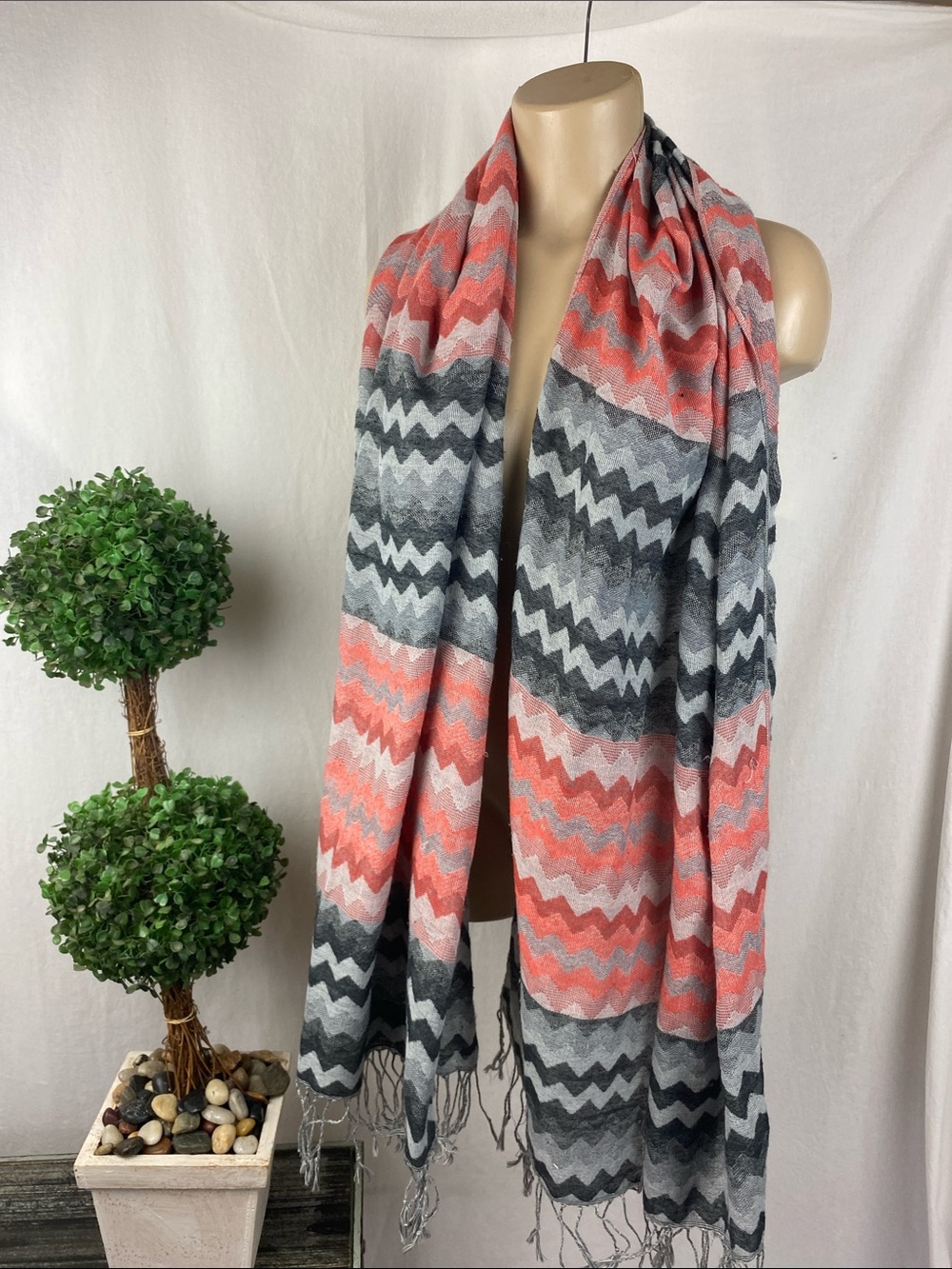 Gray, Black, Red Print Fringe Edge Rectangular Rectangle Scarf Scarve